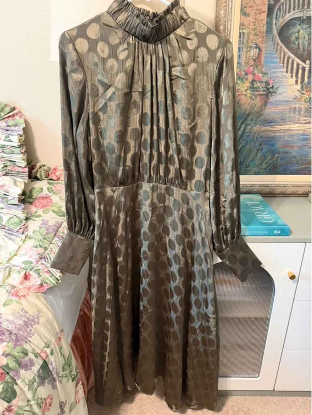 Calvin Klein Olive Green Satin Polka Dot Midi Dress | Size 10